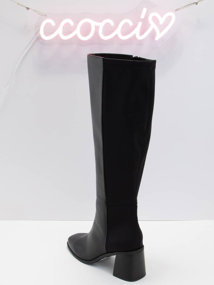 BLACK PU DAHLIA ELASTIC CALF TALL BOOTS WITH STACKED HEEL for wholesale on Faire
