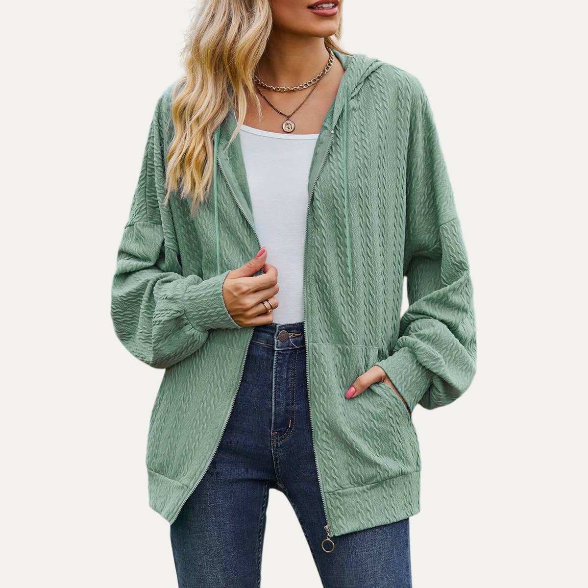 The Moment Collection - Wholesale Jacket - Women's - Leisure Days Textured Oversize Zip-Up Hooded Jacket2