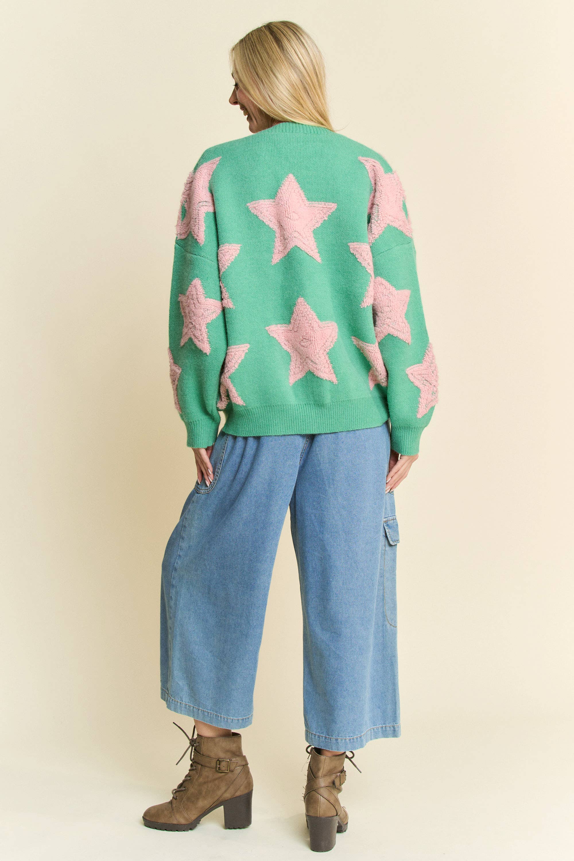 Davi & Dani - Wholesale Cardigan - Women's - FUZZY KNIT STAR LOOSE FIT BUTTON DOWN CARDIGAN8