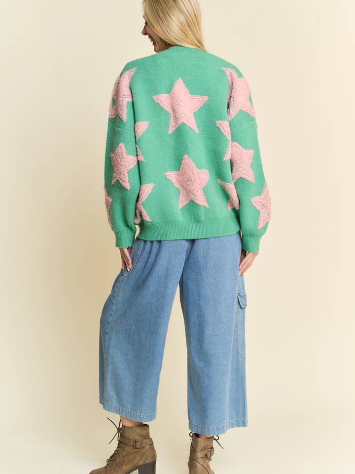 Davi & Dani - Wholesale Cardigan - Women's - FUZZY KNIT STAR LOOSE FIT BUTTON DOWN CARDIGAN8