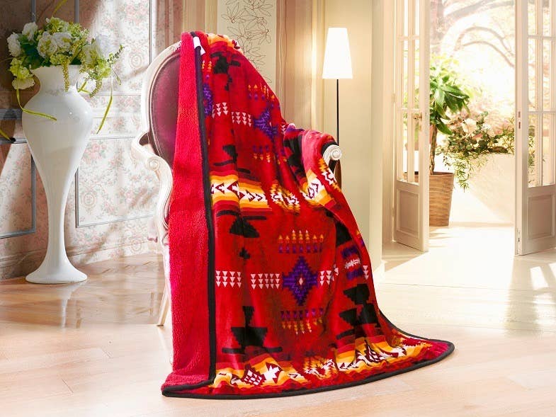 Linen Mart - Wholesale Throw blanket - Southwestern Aztec Sherpa Borrego Fleece Throw Blanket