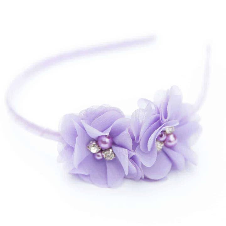 Party Girl Chiffong blomma på en smal satin pannband för wholesale av Bows Etc.