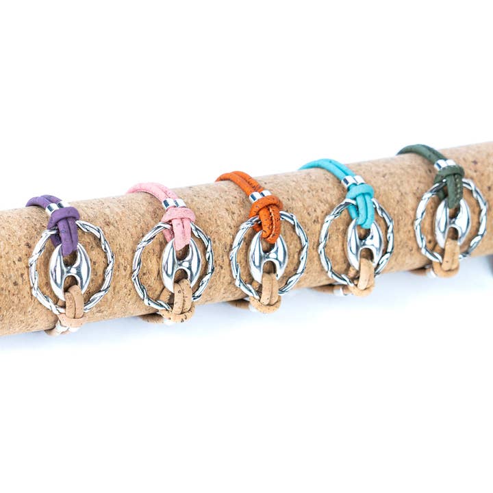Natural cork cord and alloy hardware ring handmade women's fashion bracelet DBR-040-MIX-5 for wholesale by Meninas Bonitas Cork