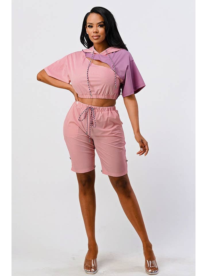 CC Wholesale Clothing - Wholesale Top & Pant Set (NOT Loungewear) - Women's - Pants Set In Color Block With Hoodie And Detachable Bottom
