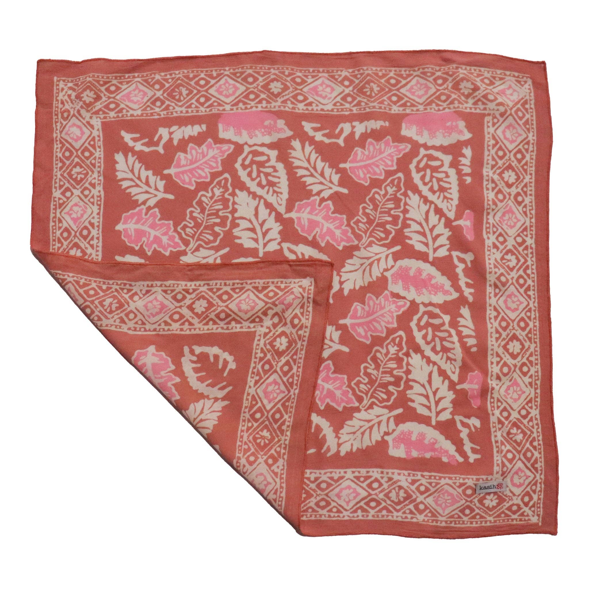 Kasih Co-op – wholesale Bandana – Women's – Hand Dyed Batik Bandana, Peach Pink Coral Leaves2