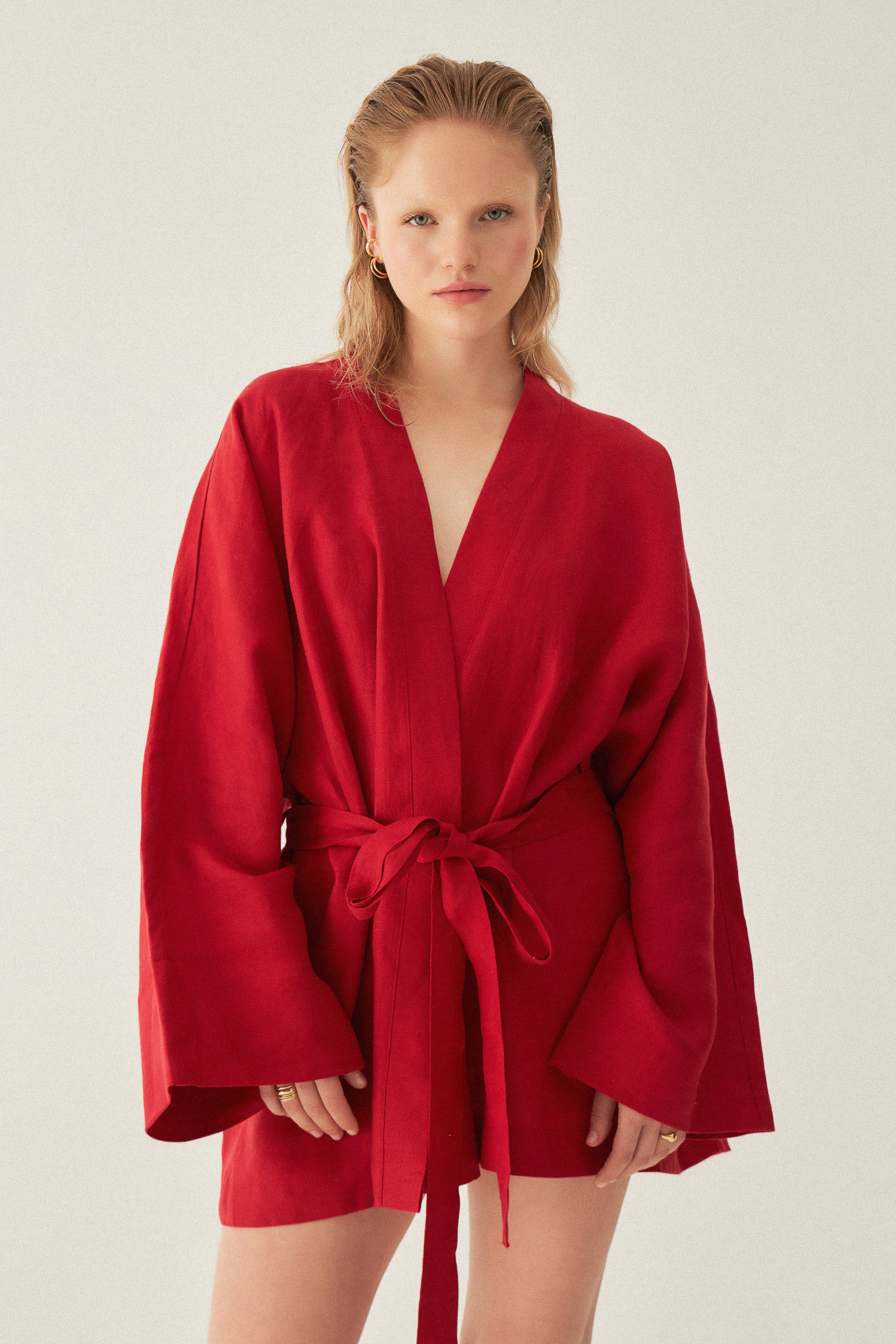 Le Cle – Kimono - Mulher por atacado – Kimono Riva em linho de corte amplo e comprimento curto7