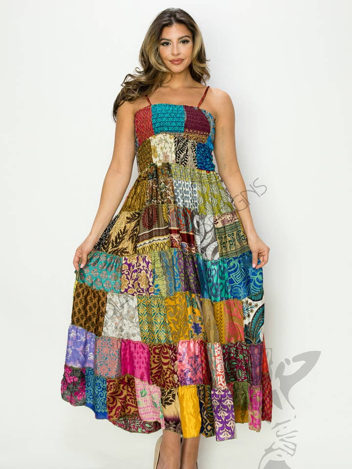 JUST CRUISING - India Casual Designs - Wholesale Dress – Women's - Bohemian Patchwork Maxi Dress with Shoulder Straps 0