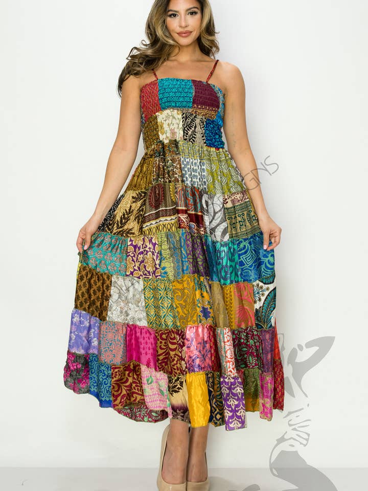 JUST CRUISING - India Casual Designs - Wholesale Dress - Women's - Bohemian Patchwork Maxi Dress with Shoulder Straps