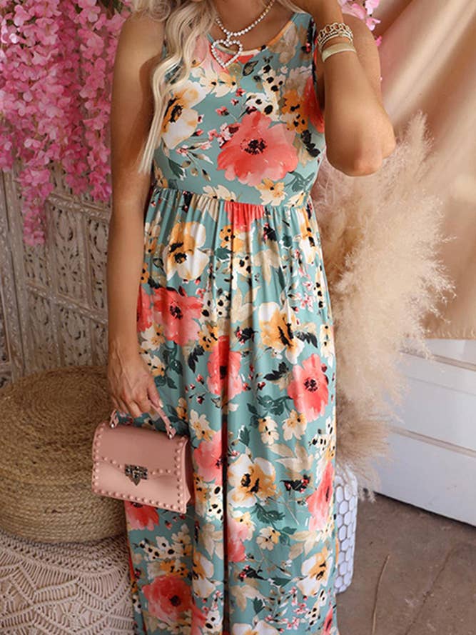 Sleeveless Ruffle Floral Print Maxi Dress KX066 for wholesale by UNISHE
