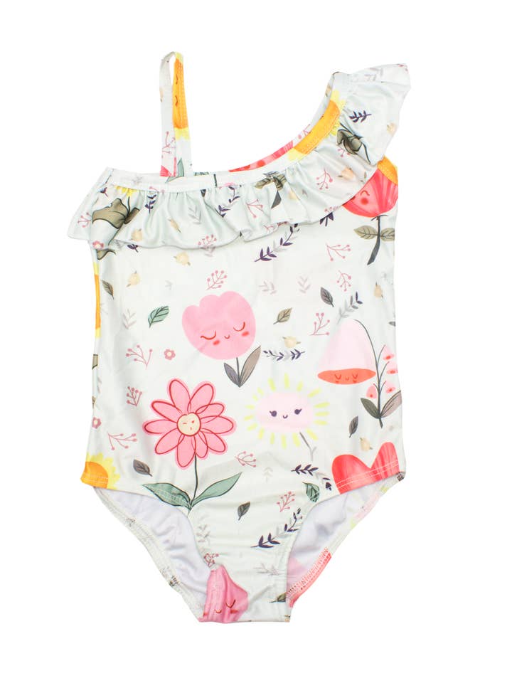 Fennco Styles - Wholesale One Piece Swimsuit - Kids - Ivory Flower One-Shoulder Girl Swimsuit