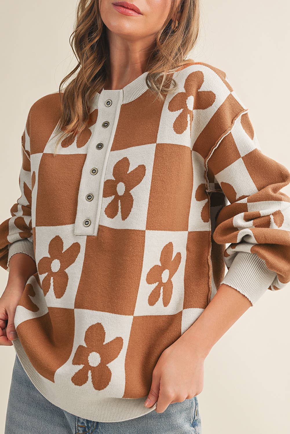 Aapparella - Vente Pull en maille – femme - Cardigan à boutons avec blocs de couleur à carreaux et fleurs | S-XL2