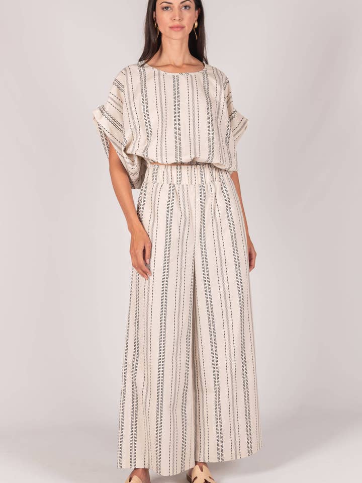 Taupe Navy P. CILL Print Linen Wide Leg Pants for wholesale on Faire
