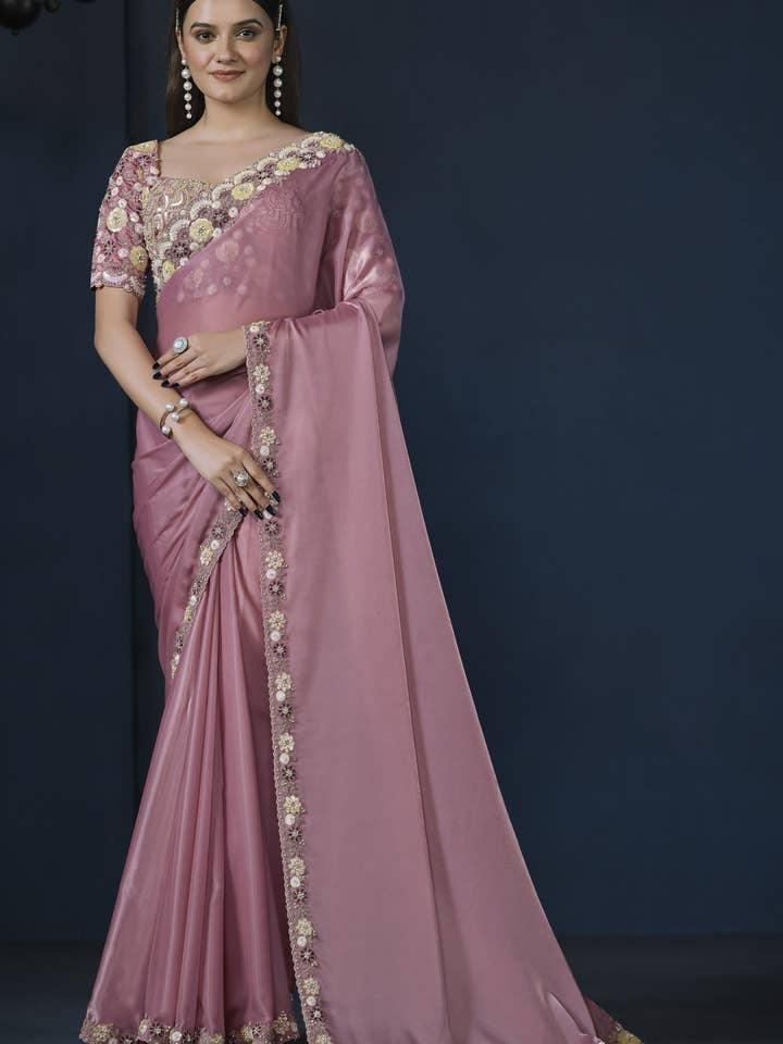 HATKE BRIDE - Wholesale Blouse - Women's - Pink Crepe Satin Silk Saree With Stitched Blouse For Indian & Pakistani Wedding Festival - Sequence Embroidery Work, Moti Work