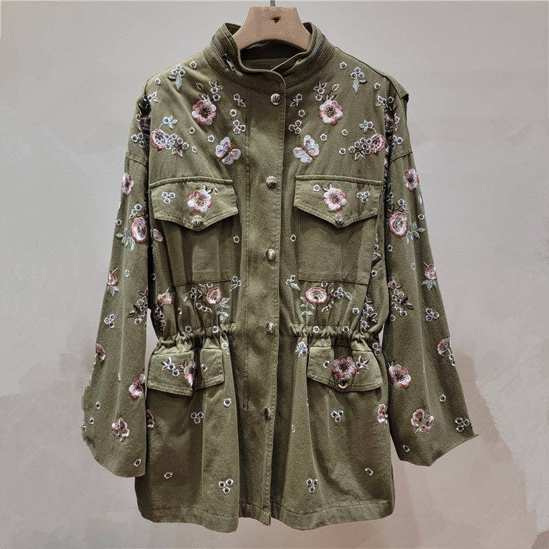 Sanyao Fashion – wholesale Jacket – Women's – M248 Hand-Embroidered Floral Retro Drawstring Work Jacket0