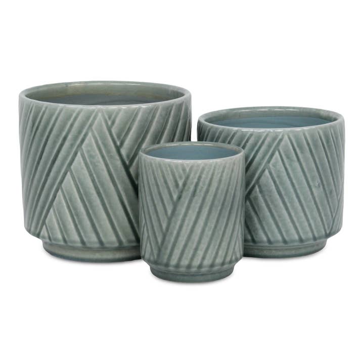Cheungs Home Decor - Wholesale Plant Pot - Parlora Crossed Diagonal Pattern Ceramic Pot - Green
