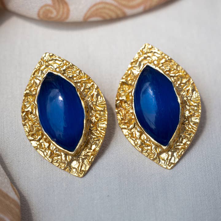 Blue Onyx Stud Earrings | Handmade Fashion Statement Jewelry for wholesale by DIORA