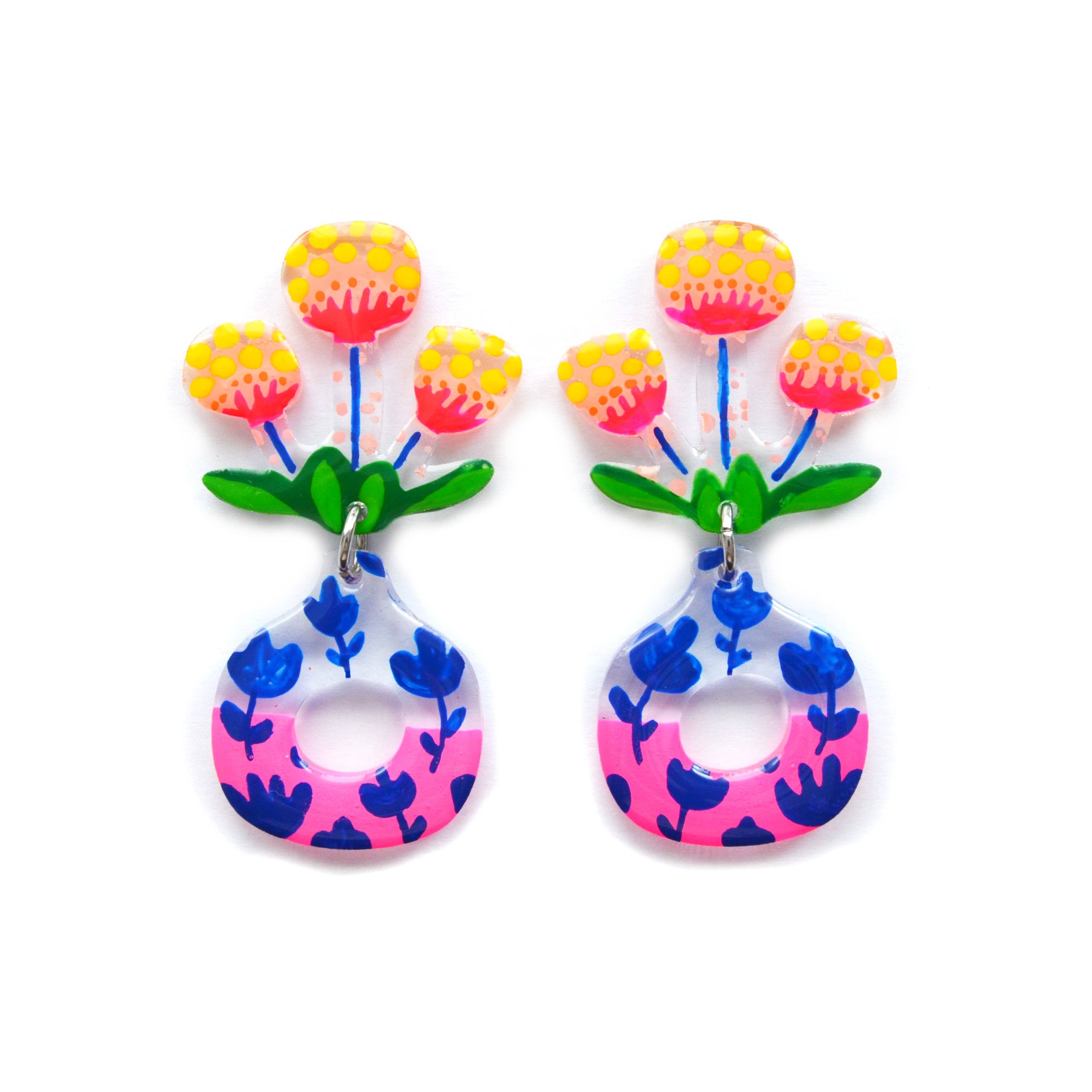 Boo and Boo Factory - Wholesale Hangende/ronde oorbellen - Neonroze bloemoorbellen in vazen met botanische patronen