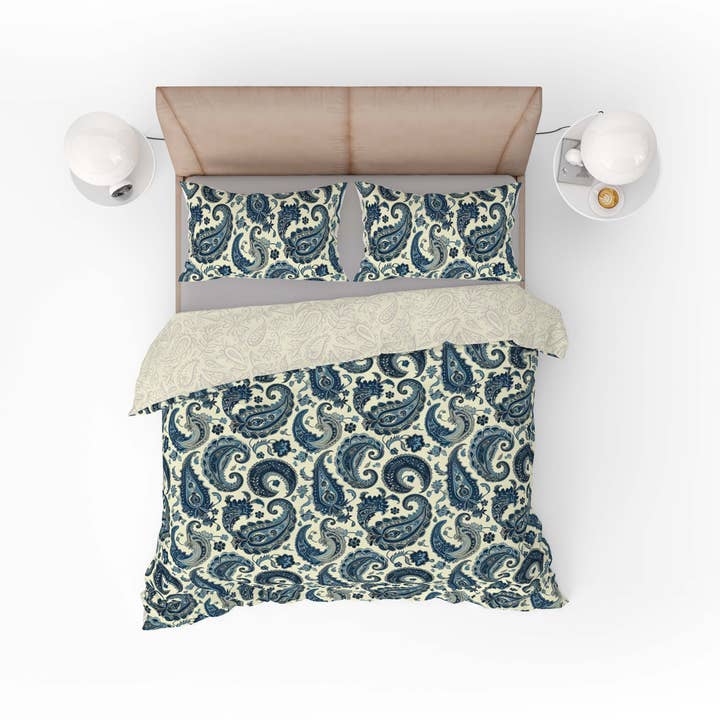 Vintage Turquoise Floral Paisley Cotton Reversible Quilt Cover Set for wholesale by Adore India