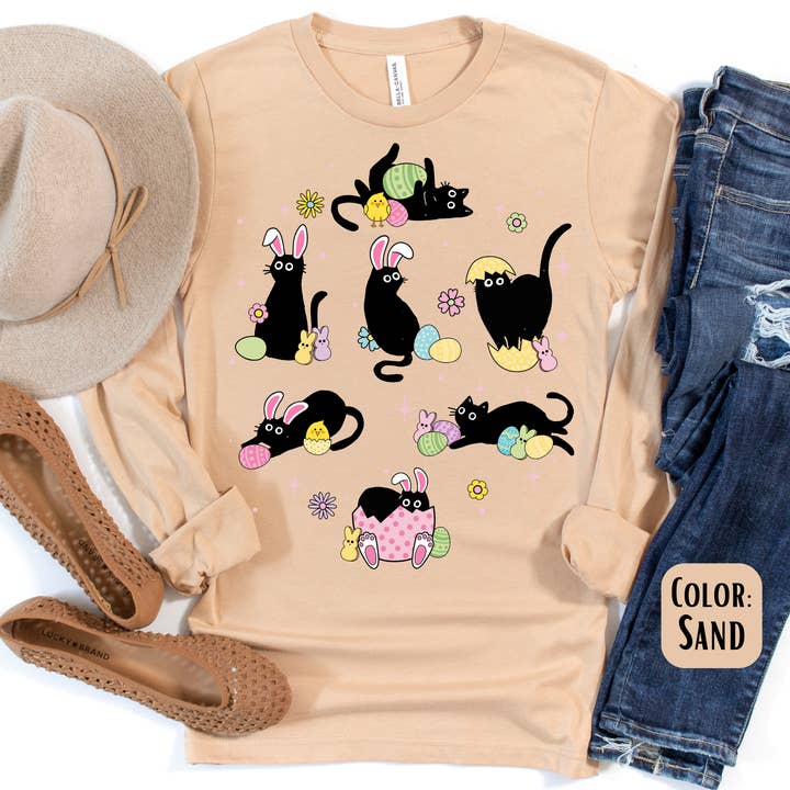 Easter Cats Long Sleeve Shirt - Black Cat Easter Shirt for wholesale by The Shirt Company
