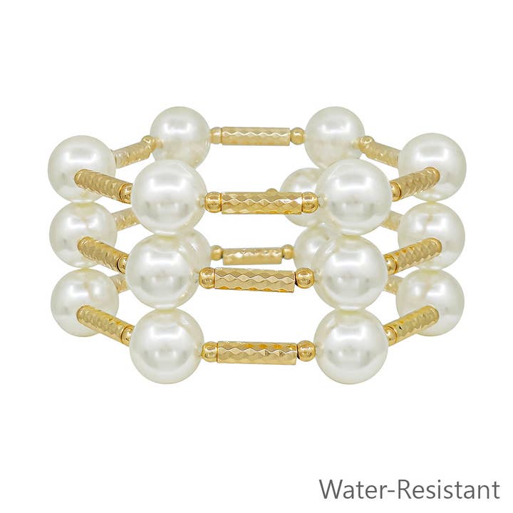 Water Resistant Set of 3 Gold Tube with 14MM Pearl Beaded Bracelet Set for wholesale by What's Hot
