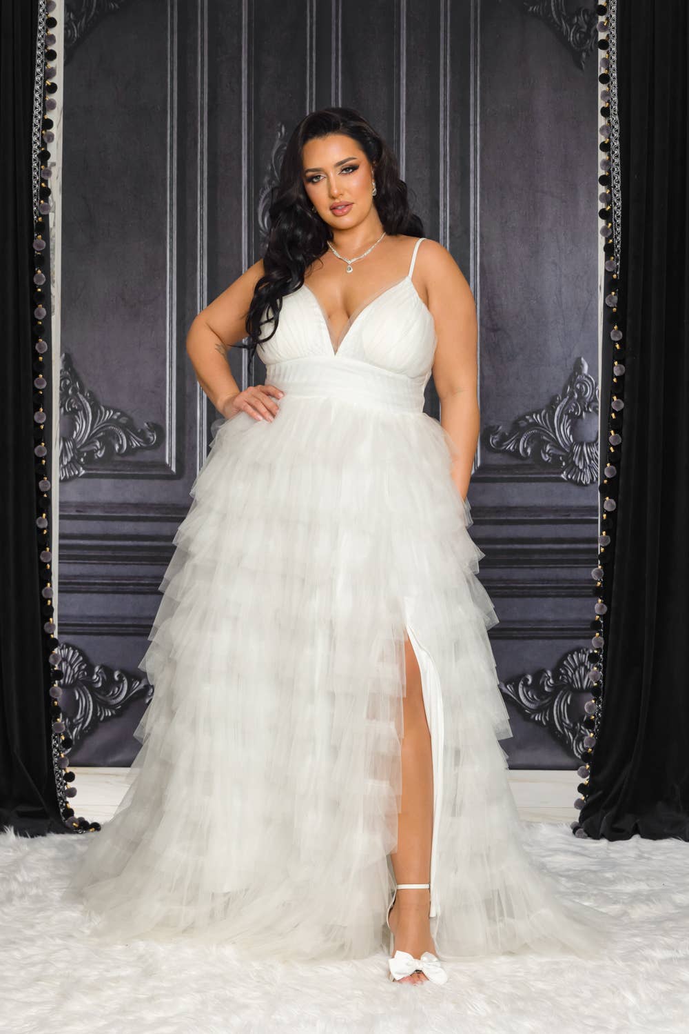 Blanc P9486- ROBE MAXI EN TULLE BLANC GRANDE TAILLE en vente sur Faire3