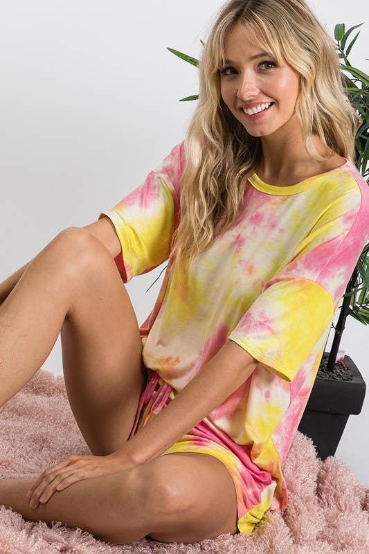 Yellow Pink Tie-Dye High-Waisted Lounge Shorts, WP9465 for wholesale on Faire11