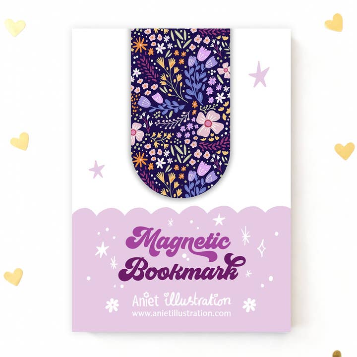 Magnetic bookmark purple flowers book lovers reading for wholesale by Aniet Illustration