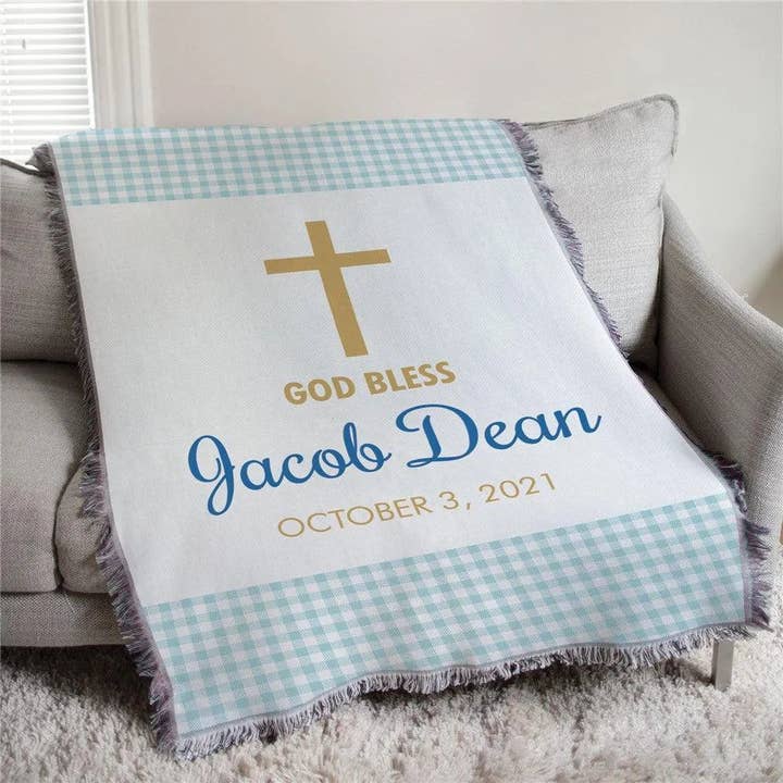 Personalized Baptism Gingham Afghan Throw for wholesale by Sunny Jar Personalized