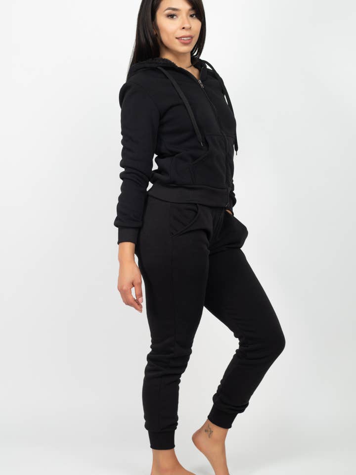 Black 2BFREE FLEECE ZIP UP FUR TRIM HOOD SWEATSUIT for wholesale on Faire1