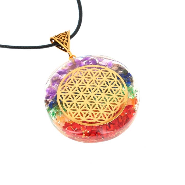 Artisans de Madagascar - Wholesale Pendant/Charm Necklace - Orgonite Flower of Life 7 Chakra Pendants 4 cm