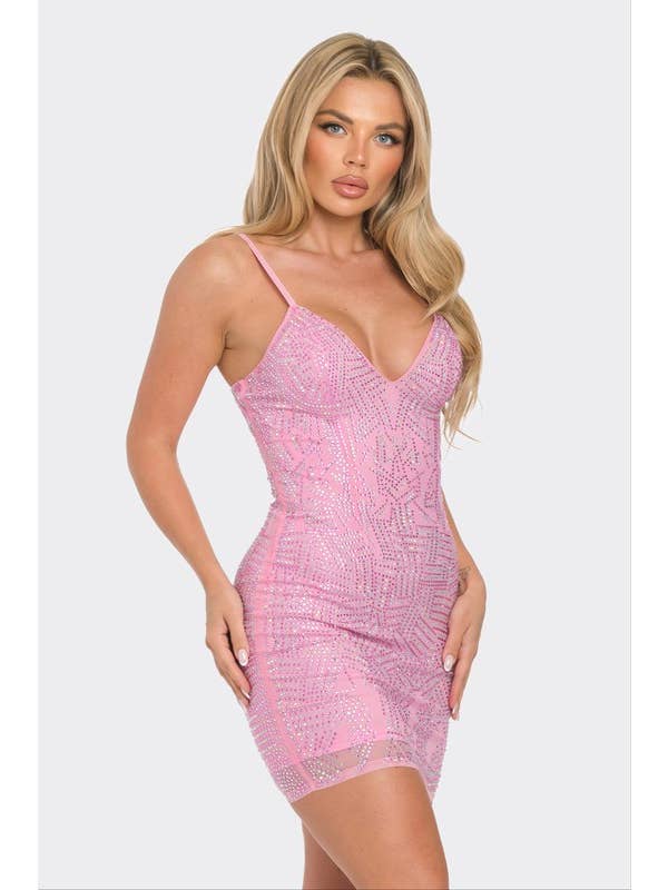 BANJUL - Wholesale Dress - Women's - BCCDS62728 Rhinestone V-Neck Bodycon Mini Dress