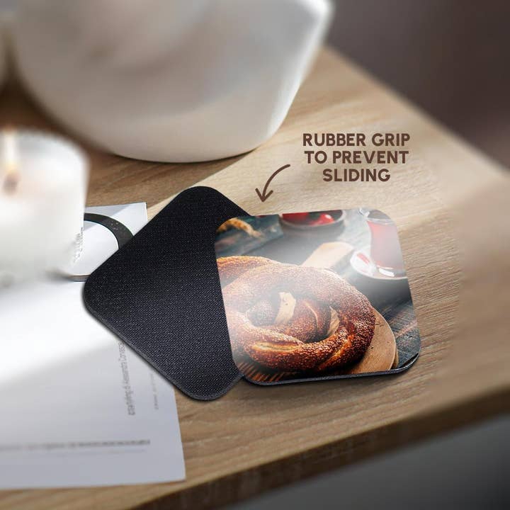 3dRose - Wholesale Coasters - 3dRose, A close up photograph of a Turkish simit bagel and fresh tea, Coaster10