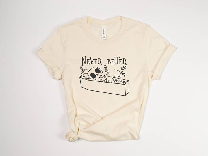 Stiles Tee Co. - Vente T-shirt à imprimés – unisexe - T-shirt Vintage Halloween – Tee-shirt Squelette Vin – Jamais Mieux2