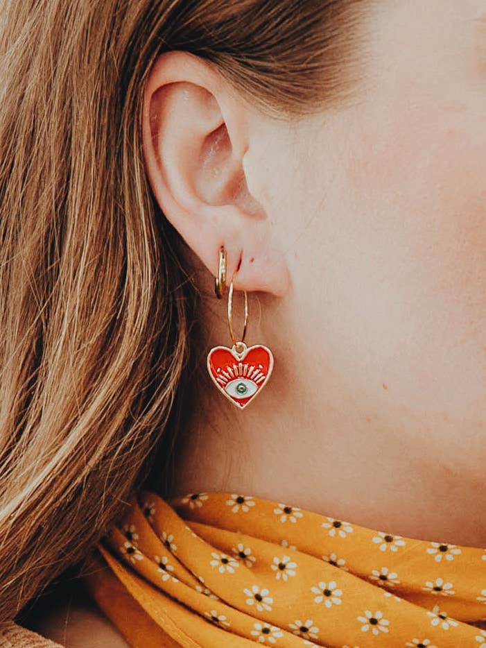 Golden Hour Designs - Venta al por mayor Pendientes de aro - Pendientes de Aro Corazón de Protección - Ojo Turco, Esmalte, Místico4