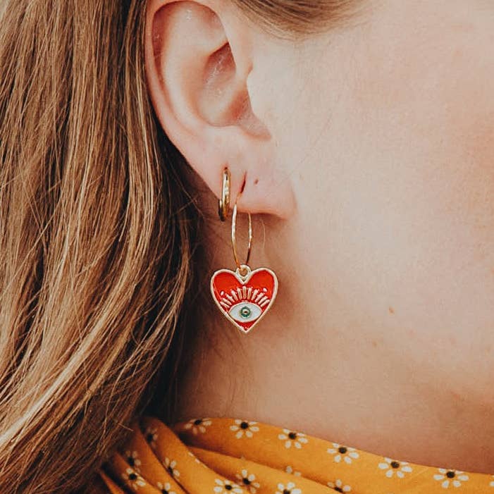 Golden Hour Designs – Brincos de argola por atacado – Brincos de Argola Coração de Proteção - Olho Grego, Esmalte, Místico4