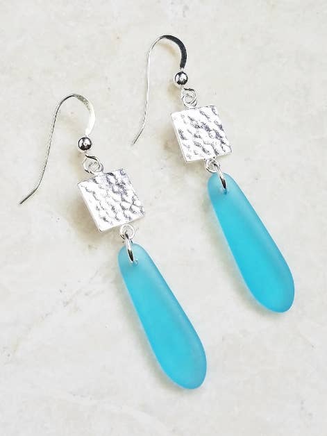 Eco Sea Glass Hammered Tile Earrings - Turquoise for wholesale by Sosie Designs
