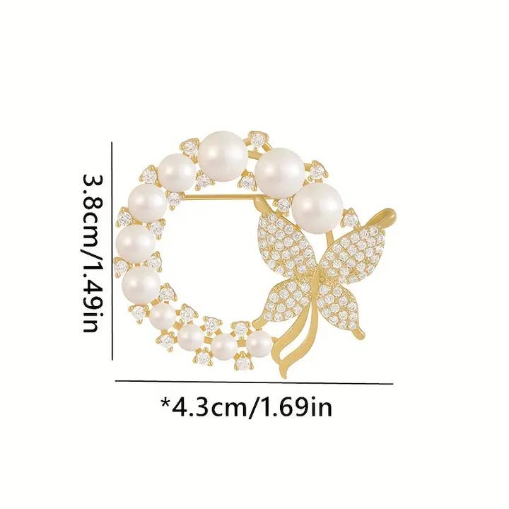 Magnifique Hearts - Wholesale Brooch - Elegant Faux Pearl Butterfly Wreath Brooch Pin