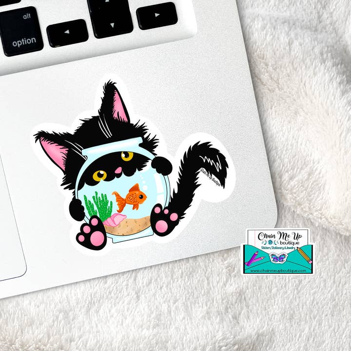 Fish Bowl Cat Waterproof Sticker for wholesale by Candid Adventures Boutique