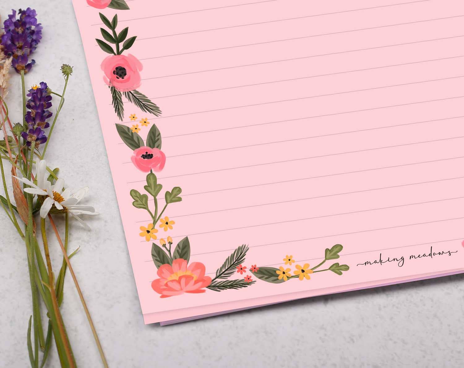 Making Meadows Ltd – wholesale Kontorsmateriel/Notecard Set – A4 rosa skrivpapper med blommig kant | Letter Set1
