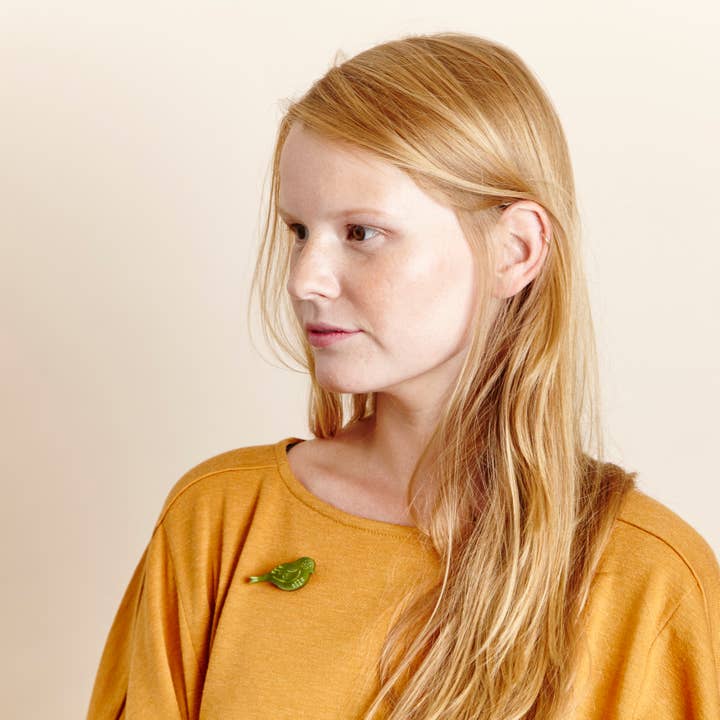 Woodland Friends Green Warbler Brooch for wholesale by Just Trade UK