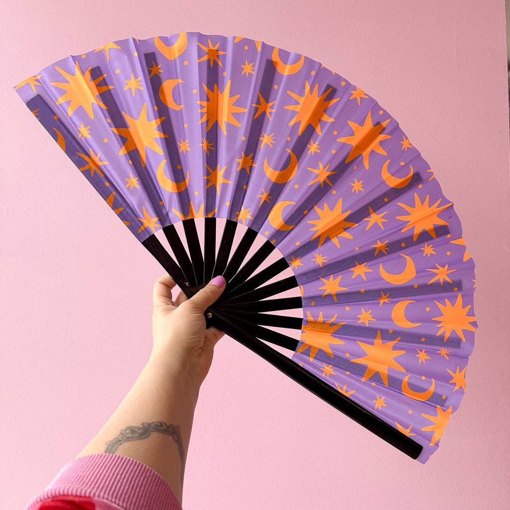 Esoteric London – wholesale Handheld folding fan – Giant Clacking Hand Fan with Purple & Orange Celestial print (Glows in UV!)0