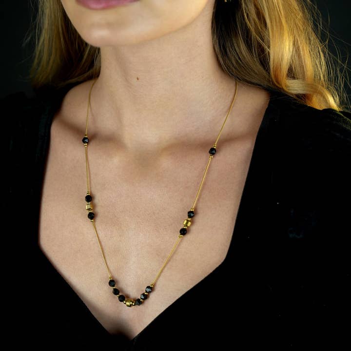 MARA Black Obsidian & Gold Beaded Chain Necklace for wholesale by HACKNEY NINE