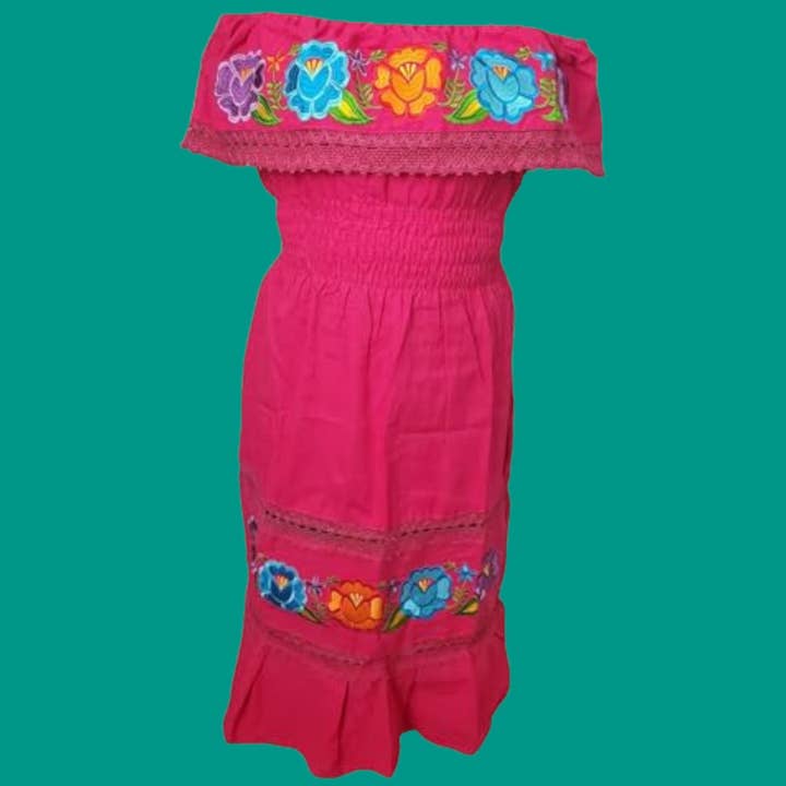 Puerta21 – wholesale Dress – Women's – Maria Bonita Dresses Off Shoulder Dress -Authentic Mexican Long womens vestidos bordados mexicanos huipil Embroidered Campesina Mexican Handmade Authentic Dress - Pink