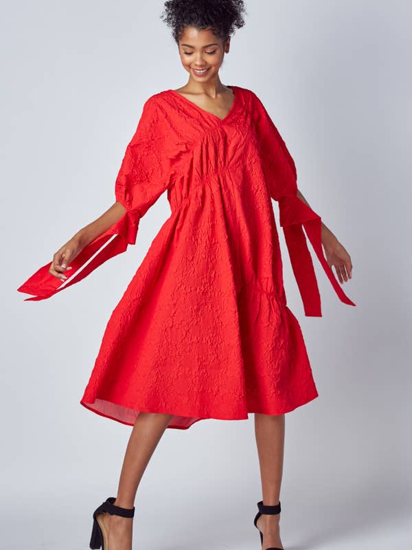 EMBOSSED MATERIAL V NECK DRESS for wholesale by QMP Moda