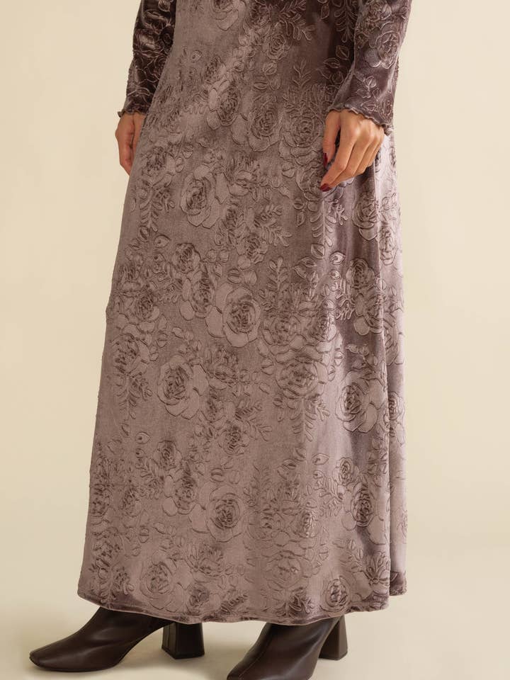 Taupe Jemma Velvet Floral Maxi Skirt for wholesale on Faire2