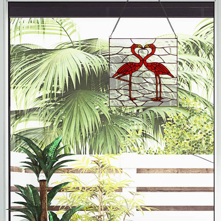 River of Goods - Wholesale Suncatcher - 12.5"H Pink Flamingos Stained Glass Window Panel0