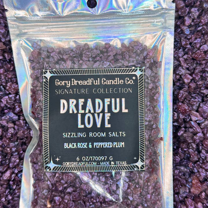 DREADFUL LOVE Signature Sizzling Room Salt Crystal Potpourri: Black Rose & Peppered Plum Scent for wholesale by Gory Dreadful Candle Co