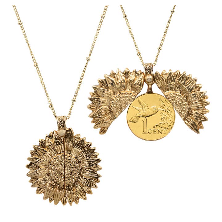 Sunflower Gold Layered Hummingbird Coin Pendant Necklace for wholesale by American Coin Treasures