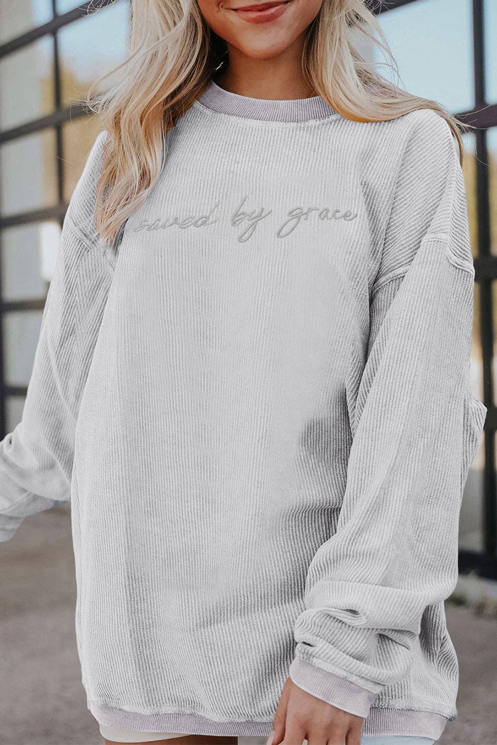 Suhkasana – wholesale Sweatshirt – Women's – Embroidered “saved by grace” Chunky Knit Crewneck Sweater1