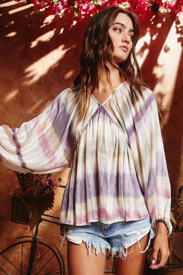 BLUSH CAMEL T1190-1C OUTLET SALE Ombre Lurex Chiffon Babydoll Blouse Top for wholesale on Faire4